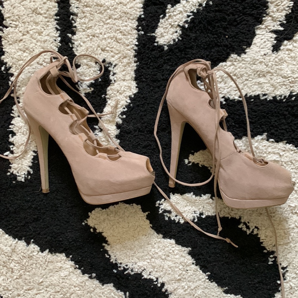 Colin Stuart suede nude lace up peep toe 6 inch heels